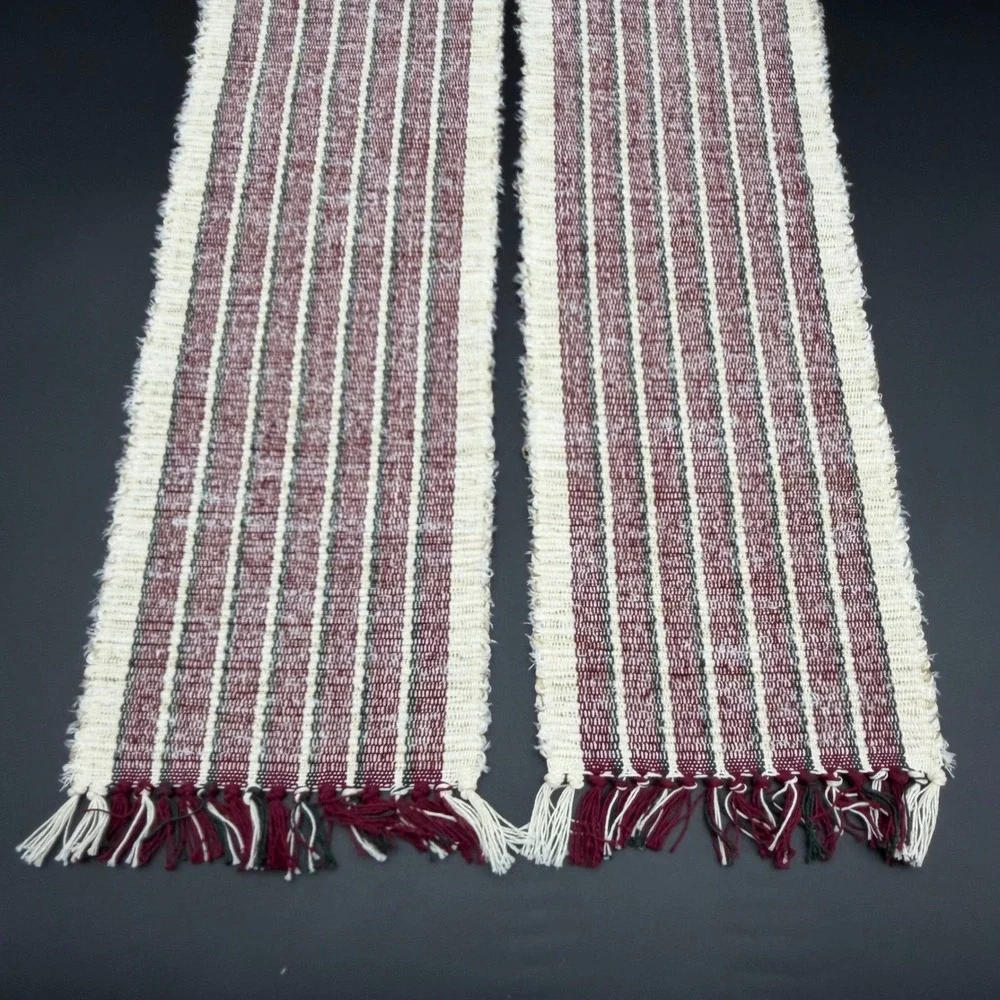 Handmade Woven Table Runners Set of 2 Burgundy Green White Striped 8.5 x 17